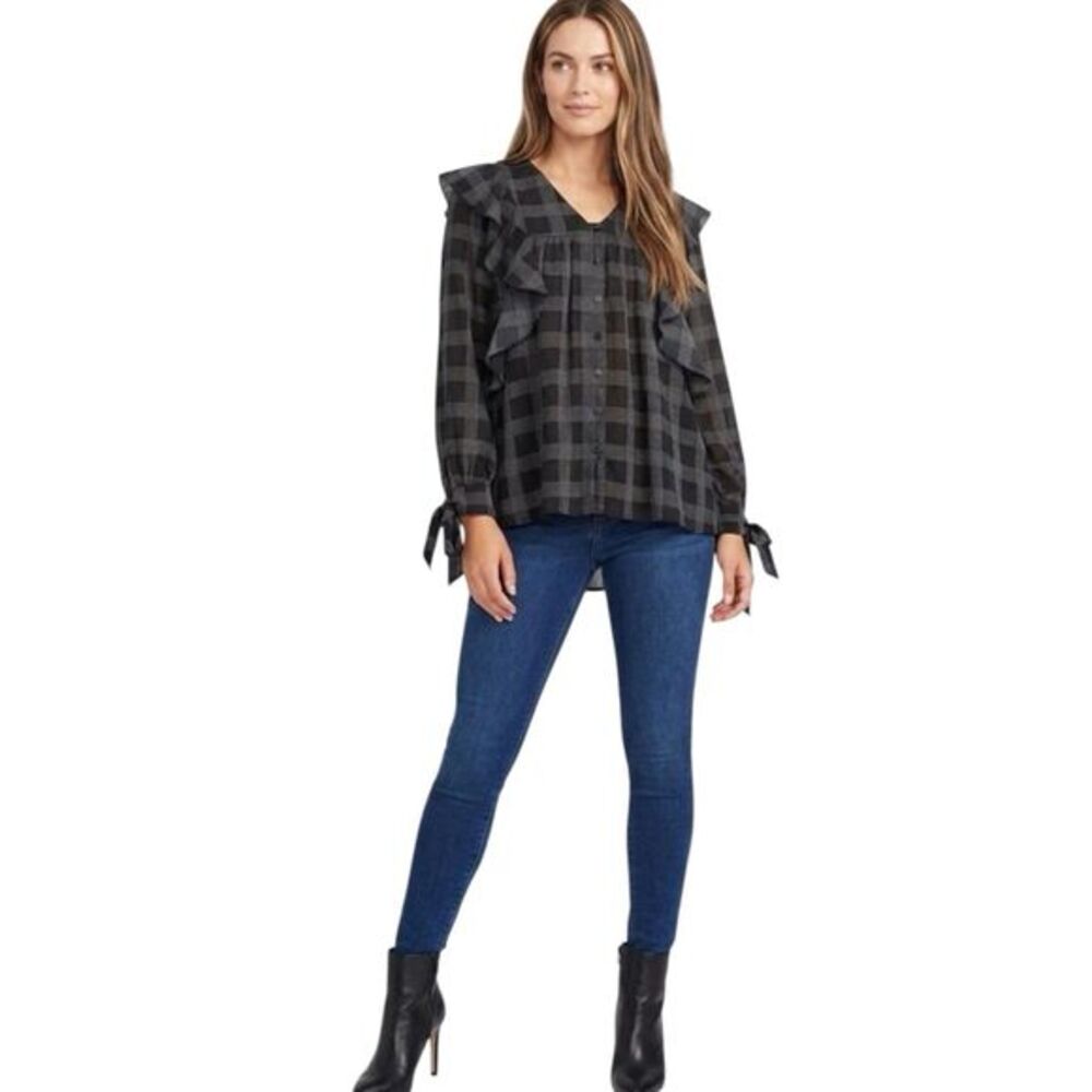 Loft Plaid Ruffle Blouse Womens Gray Button Front Long Sleeve Pullover Sz XS